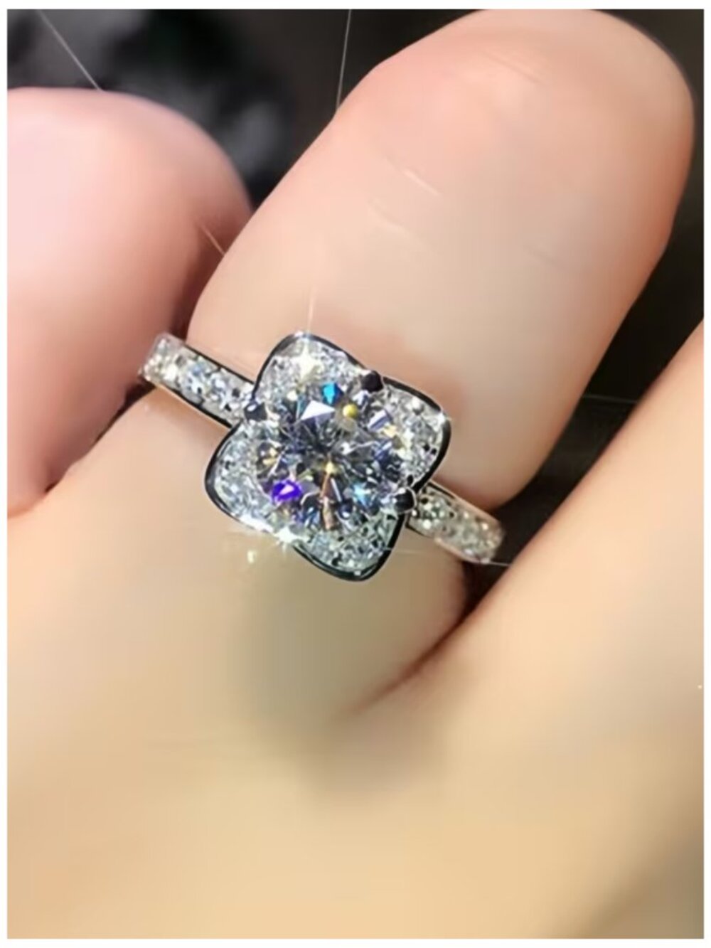 925 Sterling Silver Clover Halo CZ Ring Clear Round Solitaire Multi Size
